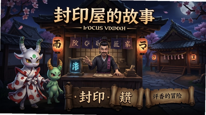 封印屋的故事游戏主视觉图,包含神秘店主、式神角色、和风建筑场景,展示封印玩法与剧情冒险