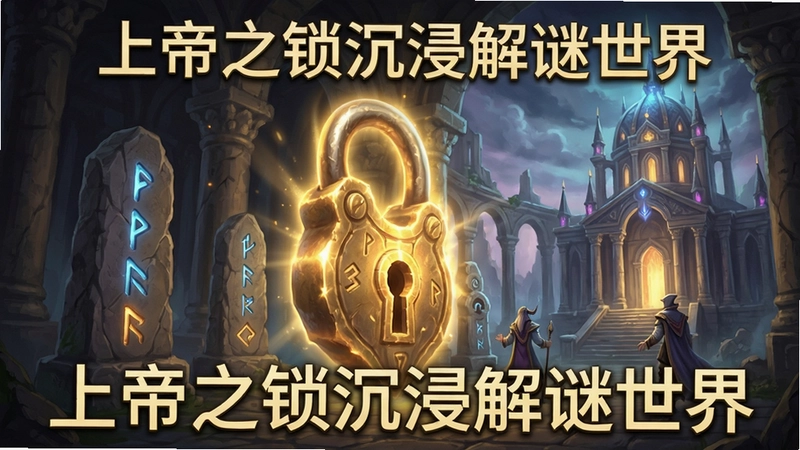上帝之锁游戏场景,展现神圣发光的巨型锁、符文石碑与奇幻圣殿,文字标注“上帝之锁沉浸解谜世界”