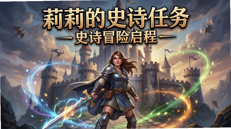 “莉莉的史诗任务”游戏主视觉,展现英雄持剑站在城堡前,魔法光效环绕,史诗感十足,上方文字“莉莉的史诗任务 史诗冒险启程”