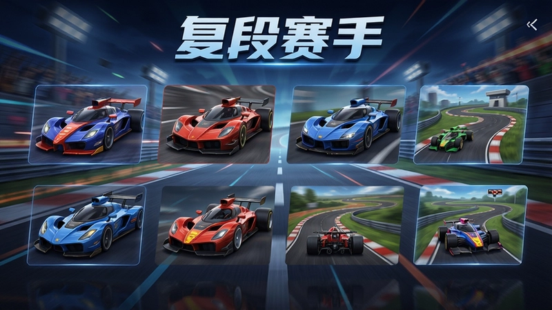 “复段赛手”游戏主界面,展示多款赛车与赛道选择,画面充满速度与竞技氛围