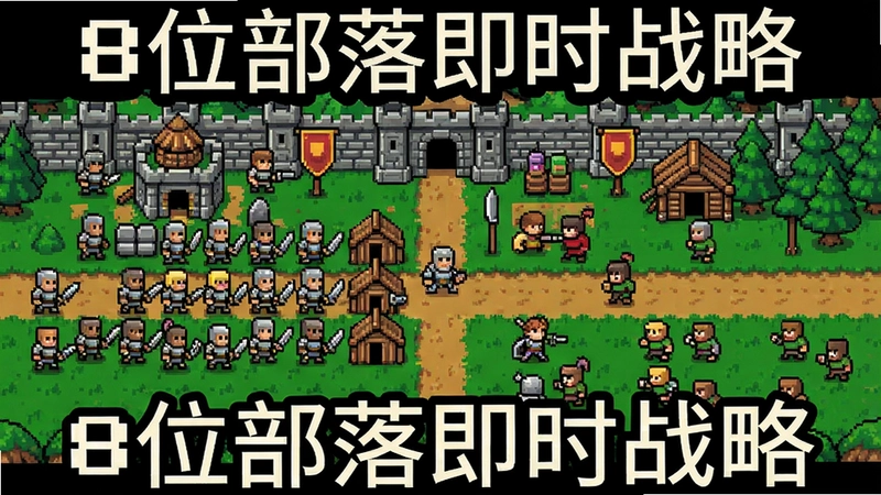 8位部落游戏主界面,像素大军集结,基地与战场全景,文字标注“8位部落即时战略”