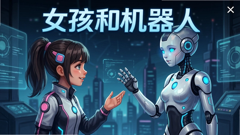 女孩和机器人游戏主界面与机器人少女互动场景,精美科幻风格立绘,“女孩和机器人”标题文字