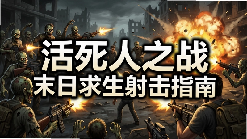 活死人之战电脑版游戏场景,僵尸潮涌向玩家,枪火与爆炸交织,画面中央醒目大字“活死人之战 末日求生射击指南”