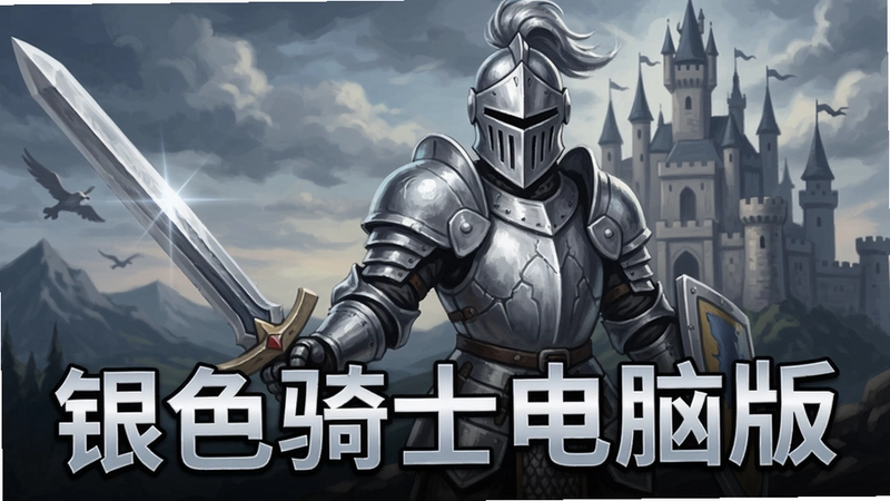 银色骑士游戏宣传图,银色盔甲骑士持剑,背景城堡,文字“银色骑士电脑版”