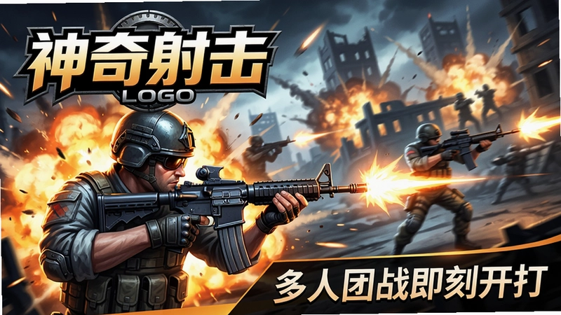一张展示神奇射击电脑版激烈交火场景的宣传海报,画面前景为持枪战士,背景为爆炸与光影,包含醒目“神奇射击”LOGO和“多人团战即刻开打”字样