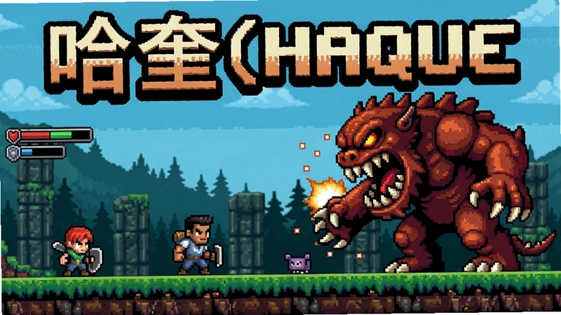 哈奎(Haque)游戏封面与战斗场景,像素角色对抗巨型怪物,上方有“哈奎(Haque)”标题文字