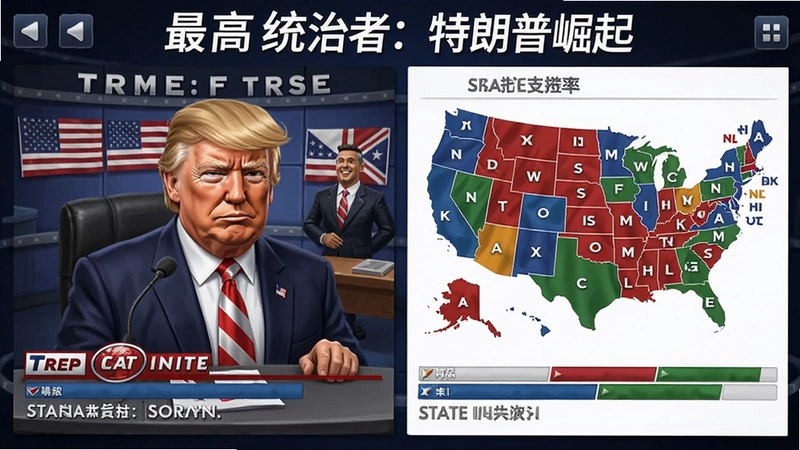 最高统治者:特朗普崛起游戏主界面,“最高统治者:特朗普崛起”竞选总部与州支持率地图