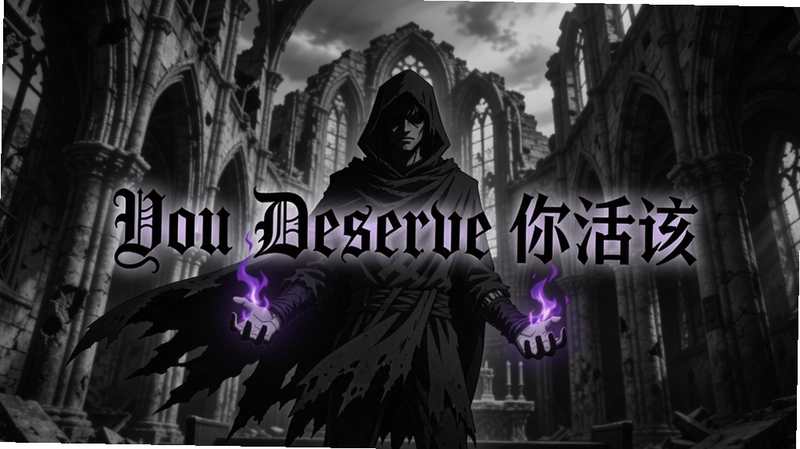 一位身披破碎斗篷的主角站立在扭曲教堂废墟中,手中缠绕着紫色火焰,画面中央浮现“You Deserve你活该”哥特体文字,整体氛围黑暗而神圣