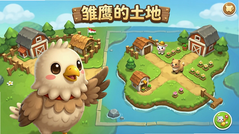 “雏鹰的土地”游戏主界面展示,包含雏鹰角色、农场建筑、大地图场景,画面风格卡通治愈,体现游戏核心玩法