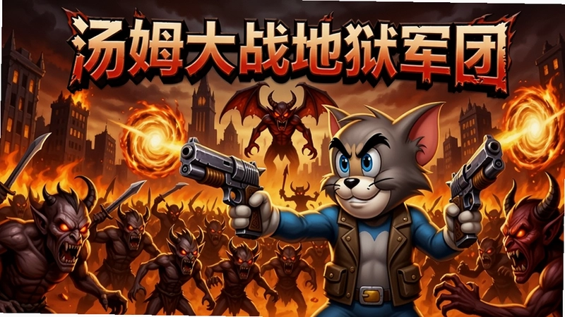 汤姆大战地狱军团游戏海报,主角汤姆手持双枪面对蜂拥而来的地狱军团,背景是燃烧的城市与恶魔传送门,画面带有“汤姆大战地狱军团”艺术字体标题
