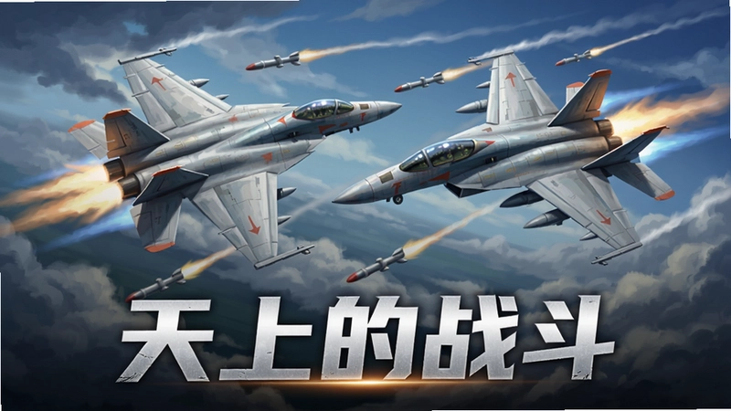 游戏“天上的战斗”主视觉宣传图,天空背景中两架战斗机激烈格斗,导弹拖尾,下方文字“天上的战斗”
