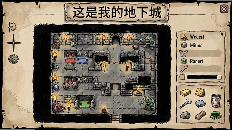 手绘风格地下城建造界面,包含“这是我的地下城”游戏标题,展示地宫布局、陷阱与怪物,概括游戏核心玩法与资源管理特色