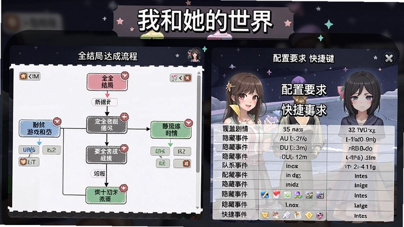 “我和她的世界”恋爱养成游戏攻略大全,展示游戏界面、全结局达成流程图、配置要求与快捷键表格,覆盖剧情、隐藏事件等