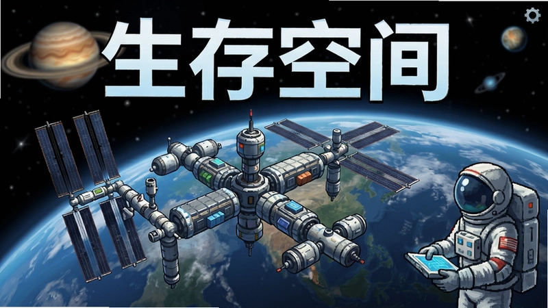 生存空间 太空生存模拟游戏主界面,包含空间站建造与宇航员探索,“生存空间”标题醒目