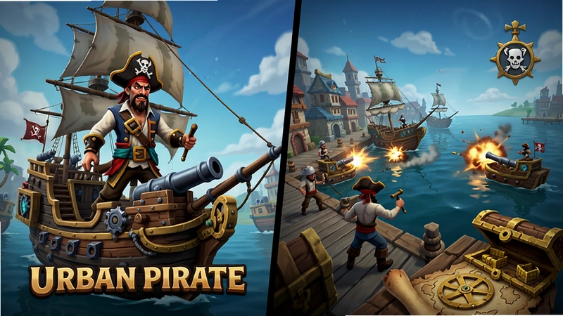 城市海盗Urban Pirate游戏主视觉海报与实机画面,包含海盗船长、改装炮舰、城市港口激战与藏宝图等核心元素,突出动作冒险与开放世界特色