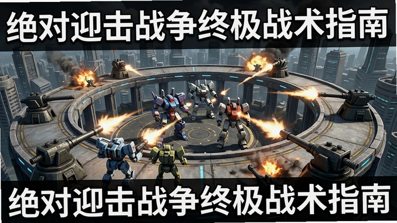 绝对迎击战争游戏高清截图,展示环形都市防御战,机甲与炮塔协同作战,文字“绝对迎击战争终极战术指南”