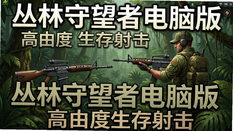 丛林守望者电脑版游戏主界面展示,包含丛林环境、枪械与角色,文字标注“丛林守望者电脑版 高自由度生存射击”