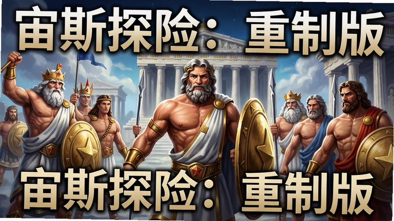 生成宙斯探险:重制版主视觉图,包含主角与众神对峙场景,画面中带有“宙斯探险:重制版”标题文字