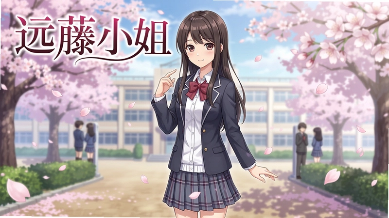 远藤小姐游戏精美宣传图,包含女主角远藤小姐全身立绘与游戏标题“远藤小姐”,日式校园恋爱风格,樱花飘落背景