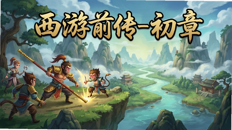 西游前传-初章游戏场景画面,带有“西游前传-初章”标题,展示战斗、角色和美丽风景