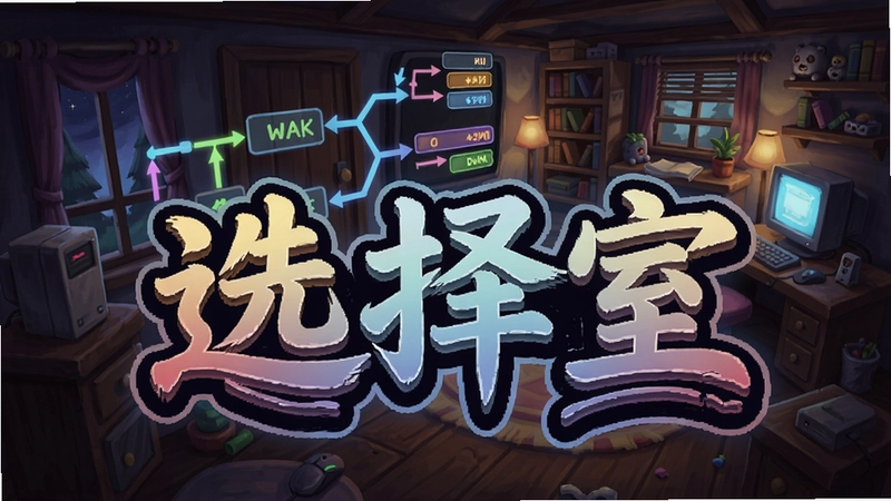 选择室电脑版游戏封面,包含“选择室”艺术文字,展示多选项分支画面和房间背景