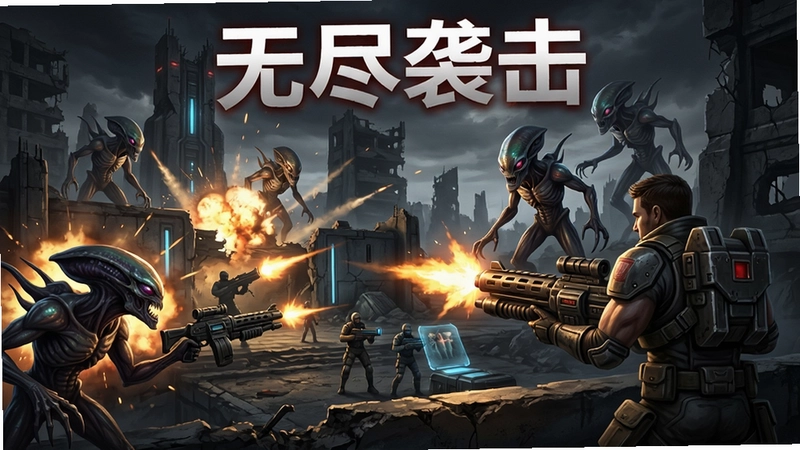 无尽袭击游戏场景,外星异形进攻,玩家持重武器防守基地,火光爆炸特效,写实风格,科技感废墟,标题“无尽袭击”