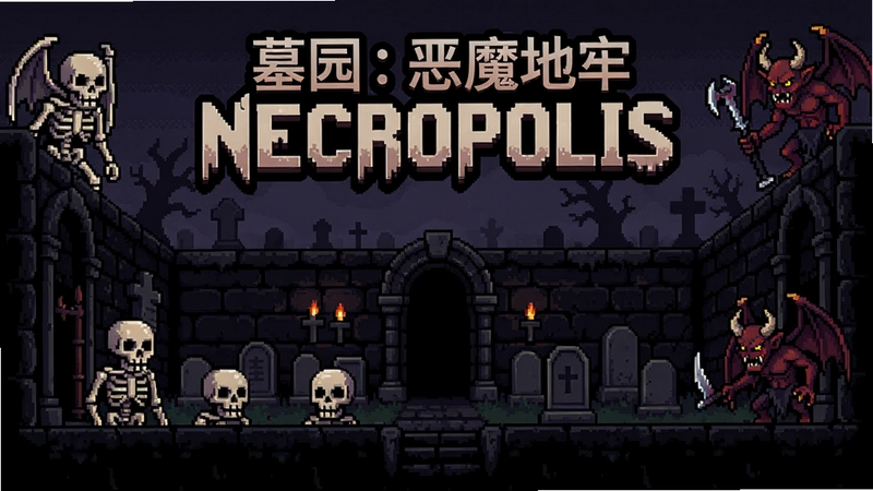 墓园:恶魔地牢NECROPOLIS游戏主视觉,暗黑像素风地牢场景,骷髅与恶魔环绕,标题文字“墓园:恶魔地牢NECROPOLIS”