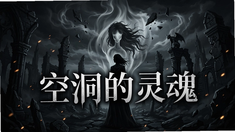 空洞的灵魂游戏主视觉宣传图,黑暗哥特风,灵魂探索,破碎世界,强烈光影对比,标明“空洞的灵魂”