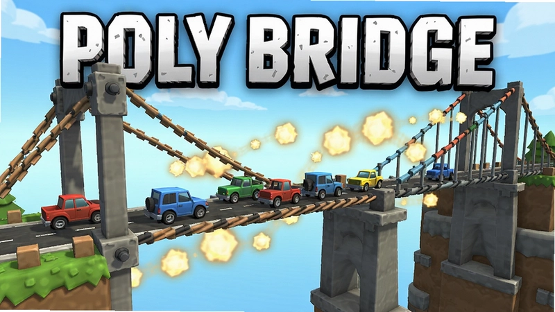 高清游戏海报,Poly Bridge桥梁建造模拟器,多辆汽车通过各式桥梁,卡通渲染风格,物理效果明显