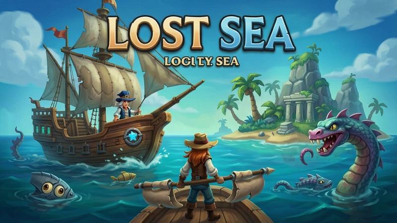 迷失之海Lost Sea游戏主视觉图,涵盖船只、岛屿、角色与海怪,展示核心玩法与冒险氛围