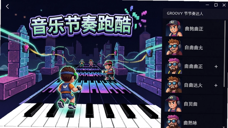 GROOVY 节奏达人电脑版游戏主界面,展示“音乐节奏跑酷”炫彩画面与曲目列表