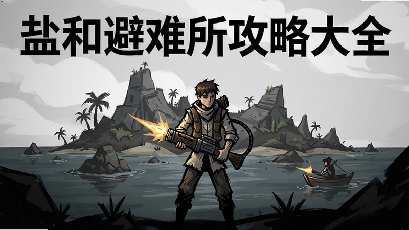 生成盐和避难所游戏主视觉图,包含手绘画风、阴暗海岛场景、主角持武器战斗,图中文字“盐和避难所攻略大全”