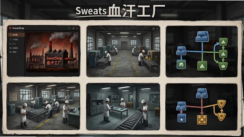 展示“SweatShop血汗工厂”主界面、车间布局、工人管理和科技树升级等综合图文指南