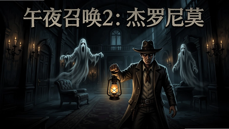 “午夜召唤2: 杰罗尼莫”游戏主视觉图,昏暗的庄园大厅中幽灵若隐若现,主角手持提灯探索,恐怖悬疑风格