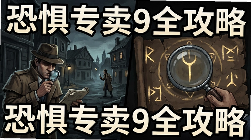 恐惧专卖9游戏全流程攻略与隐藏物品图解,画面包含侦探调查诡异小镇、关键道具放大镜和神秘符号,文字标注“恐惧专卖9全攻略”