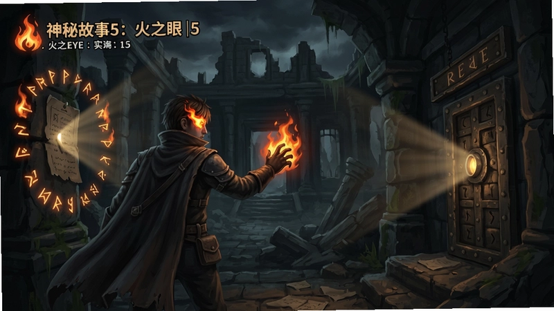 神秘故事5:火之眼游戏实机画面,包含主角激活火之眼能力搜查隐藏线索、阴森废墟场景、火焰符文特效与解谜机关,“神秘故事5:火之眼”