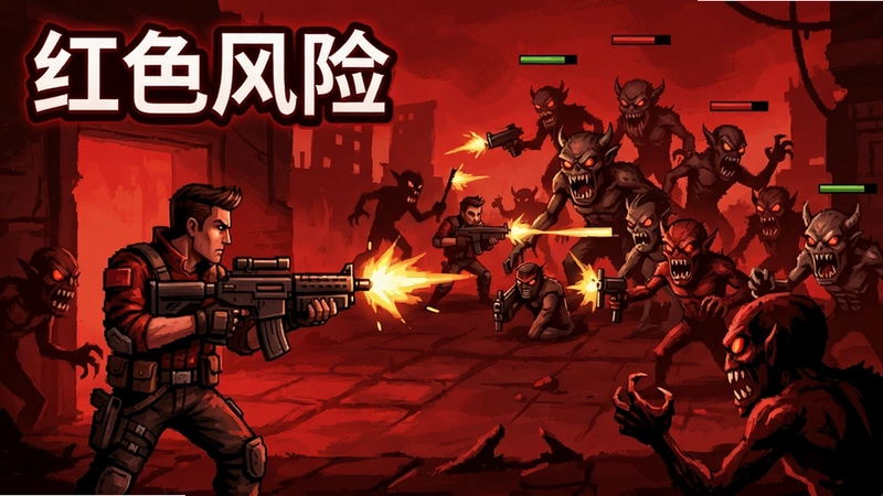红色风险游戏主界面,红色基调,角色持枪与大量怪物战斗的场景,包含“红色风险”标题和Roguelike风格画面