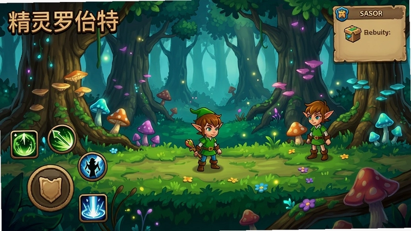 精灵罗伯特游戏全景画面,包含主角罗伯特在魔法森林中的场景,展示界面、技能图标和任务提示,文字