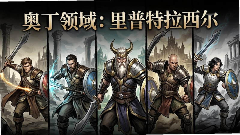 奥丁领域:里普特拉西尔游戏主视觉海报与五位主角战斗场景,精美手绘风格,标题文字“奥丁领域:里普特拉西尔”