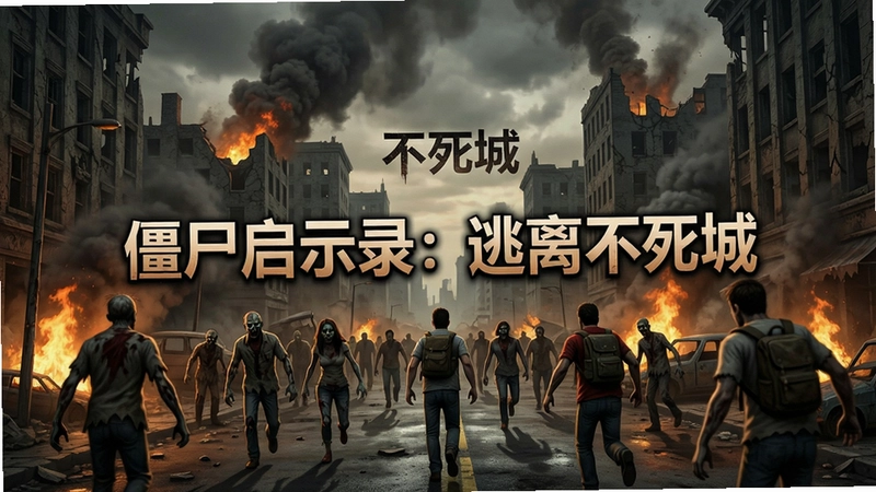 一个充满末日氛围的僵尸启示录:逃离不死城游戏场景,破败城市街道上大量丧尸追逐幸存者,火光与浓烟升腾,画质细腻,主标题“僵尸启示录:逃离不死城”字样位于画面中央