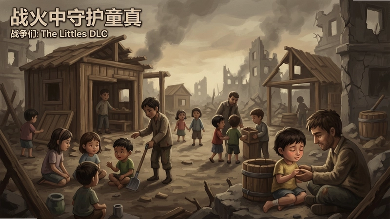 这是我的战争:孩子们(The Little Ones)DLC游戏画面,废墟中孩子们与成人共同生存,展示建造、互动与情感瞬间,“战火中守护童真”