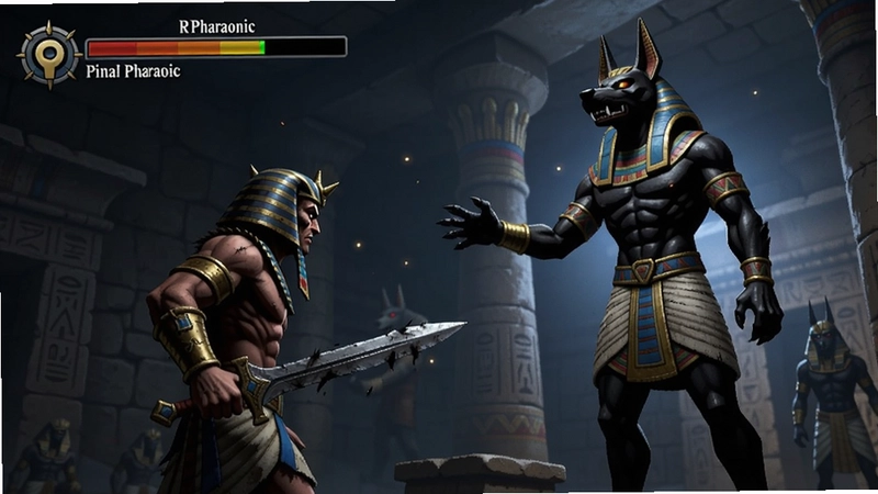 “暴君Pharaonic”古埃及黑暗格斗场景,主角持剑与巨大阿努比斯神像对峙,耐力条醒目,光影神秘