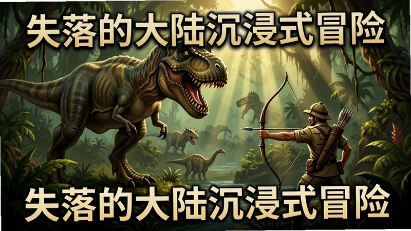 失落的大陆(Lands Of The Lost)游戏场景,巨大恐龙与原始丛林,探险者持弓对峙,光影震撼,文字标明“失落的大陆沉浸式冒险”