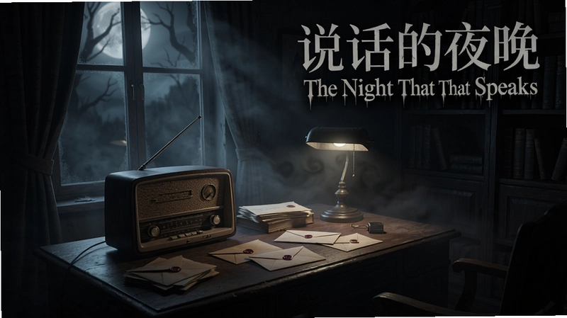 生成一幅充满神秘感的游戏场景图,画面以深夜旧宅书房为主体,书桌上摆着老式收音机、散落的信件和昏暗台灯。窗外月光透过树影,空气中弥漫着诡异的薄雾。图中嵌入文字“说话的夜晚The Night That Speaks”,整体风格阴郁、细腻,符合恐怖解谜视觉小说的氛围