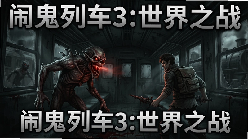 闹鬼列车3:世界之战 游戏主视觉图,黑暗列车内恐怖怪物和主角对峙,标有“闹鬼列车3:世界之战”标题