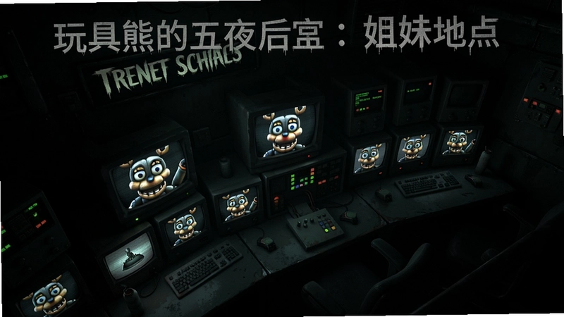 High angle shot of a dark control room with flickering monitors showing animatronic cameras, the game “玩具熊的五夜后宫:姐妹地点”, eerie atmosphere, text says “玩具熊的五夜后宫:姐妹地点”