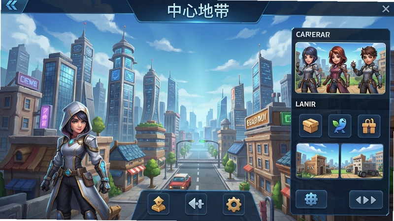 “中心地带”主界面融合城市建筑与角色养成,展示高自由度经营玩法