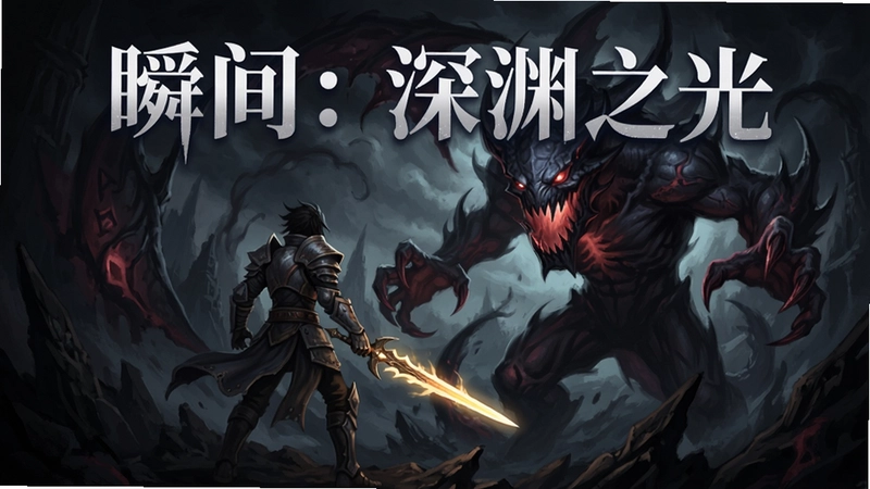 瞬间:深渊之光电脑版游戏主视觉海报,暗黑奇幻风格,角色手持光剑对抗深渊巨兽,文字标注“瞬间:深渊之光”