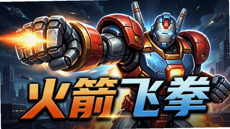 火箭飞拳电脑版高清游戏宣传图,巨型机甲挥出火箭飞拳,“火箭飞拳”字样醒目