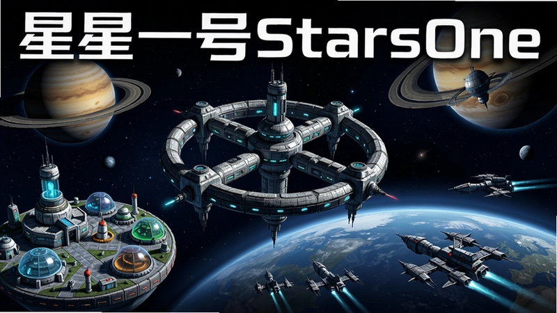 星际模拟经营游戏“星星一号StarsOne”电脑版主视觉,展示宏伟太空站、多样星球基地与星际舰队,画面富有科幻感,文字标注“星星一号StarsOne”